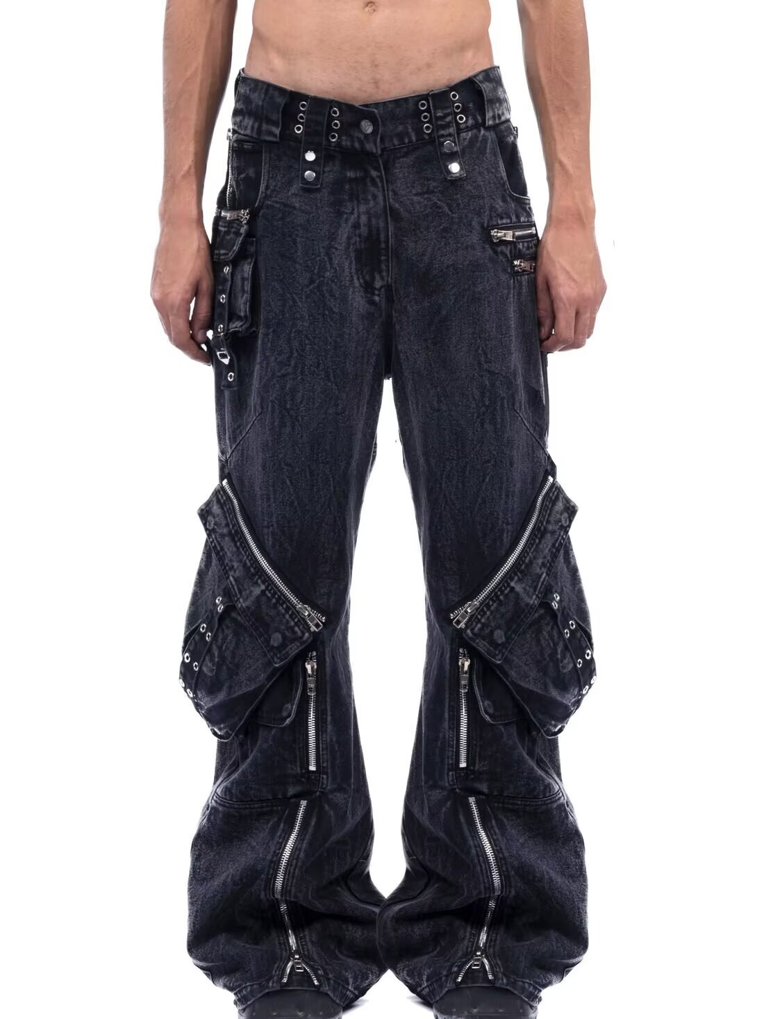Men'S Fashion With Baggy Jeans - Y2K noir gothique Punk multi-poches fermeture