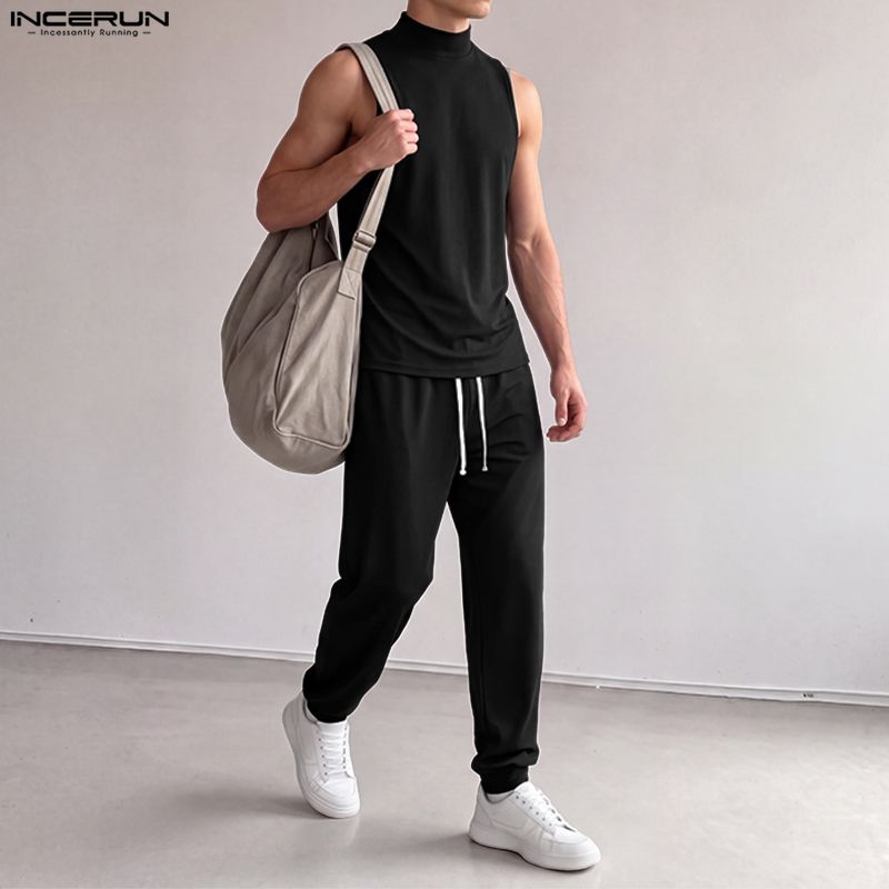 Track Suit Men - Ensemble homme INCERUN, couleur unie, col