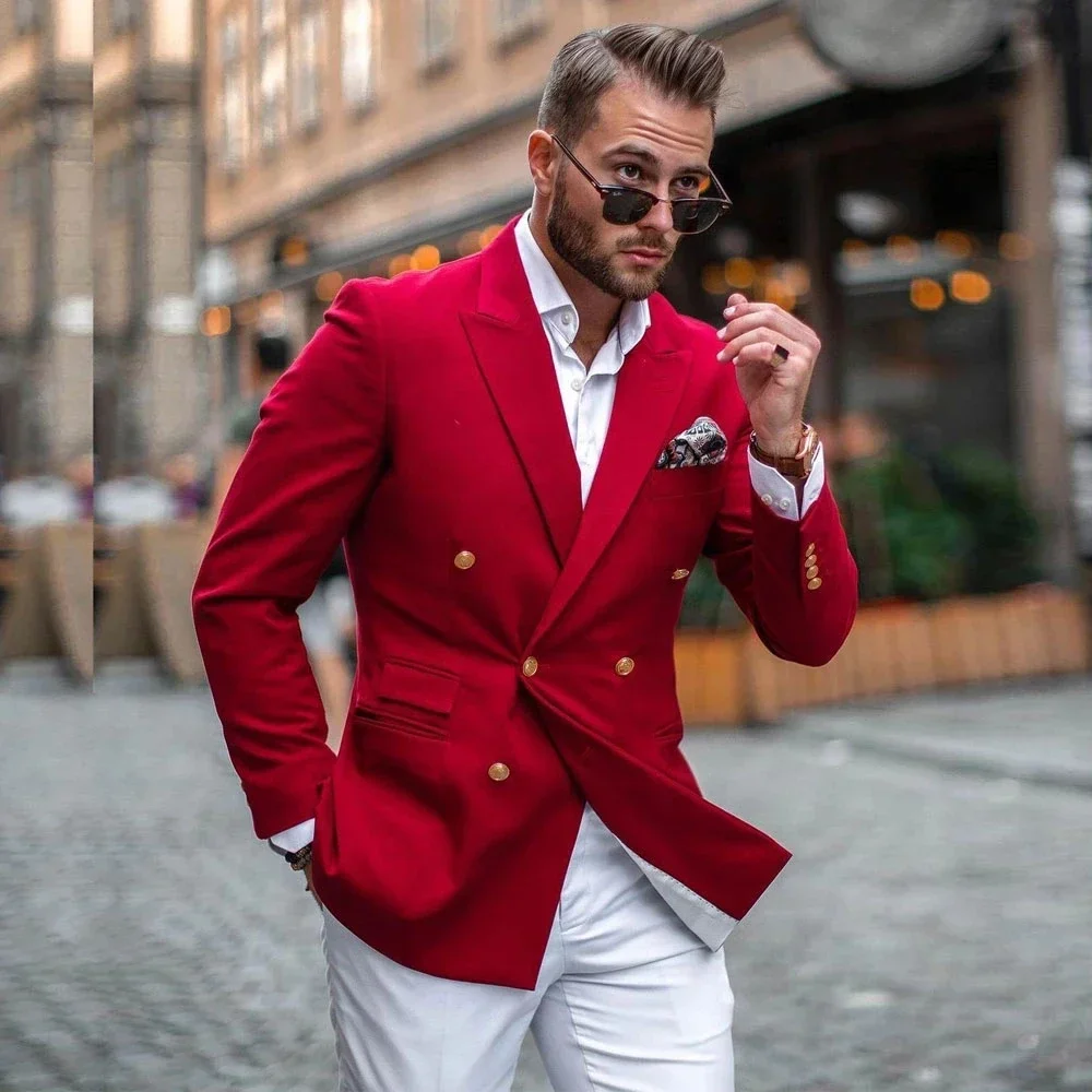 Slim Fit Blazer Men - Costume Homme Rouge et Blanc Croisé,