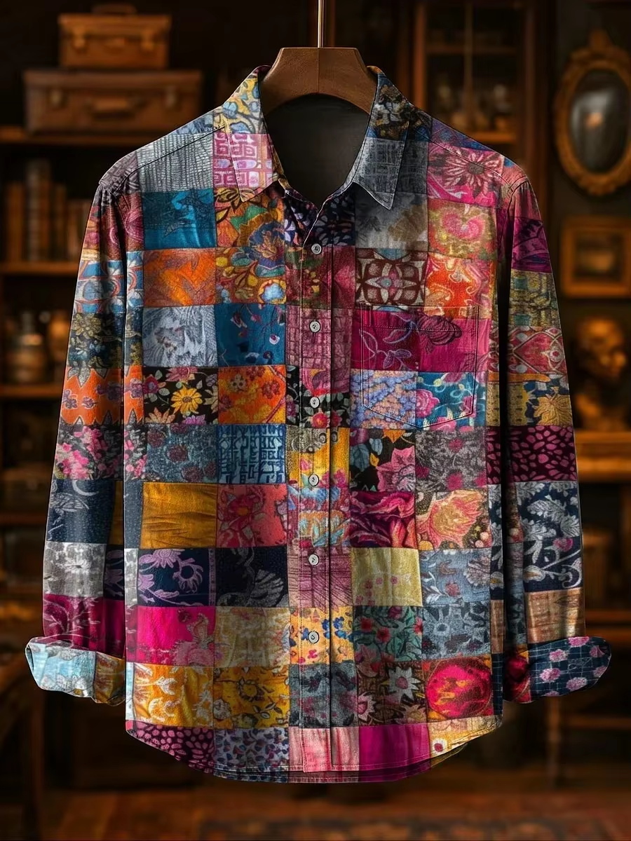 Men'S Fashion Designer - Chemise décontractée pour homme, design patchwork,